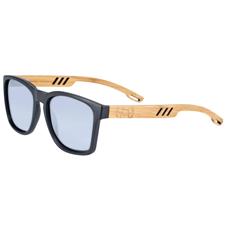 Sunglasses with black frames and light blue lenses, featuring wooden arms with carved details.