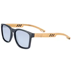 Sunglasses with black frames and light blue lenses, featuring wooden arms with carved details.