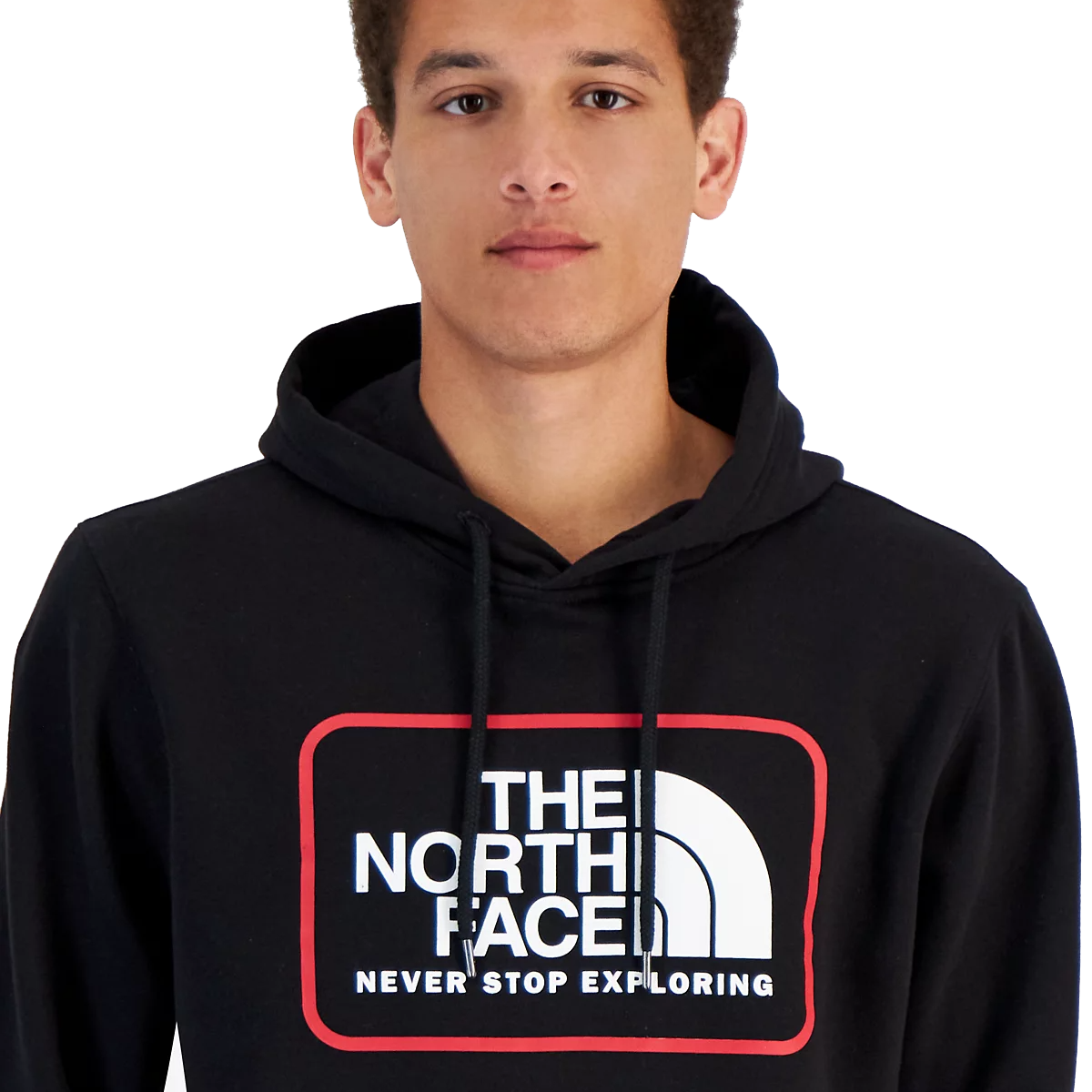 Black hoodie featuring The North Face logo in white with a red border and the slogan \“Never Stop Exploring\“ beneath it.