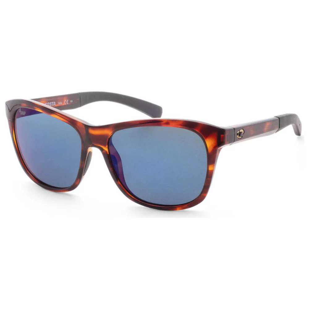 Tortoise frame sunglasses with blue lenses and black arms.