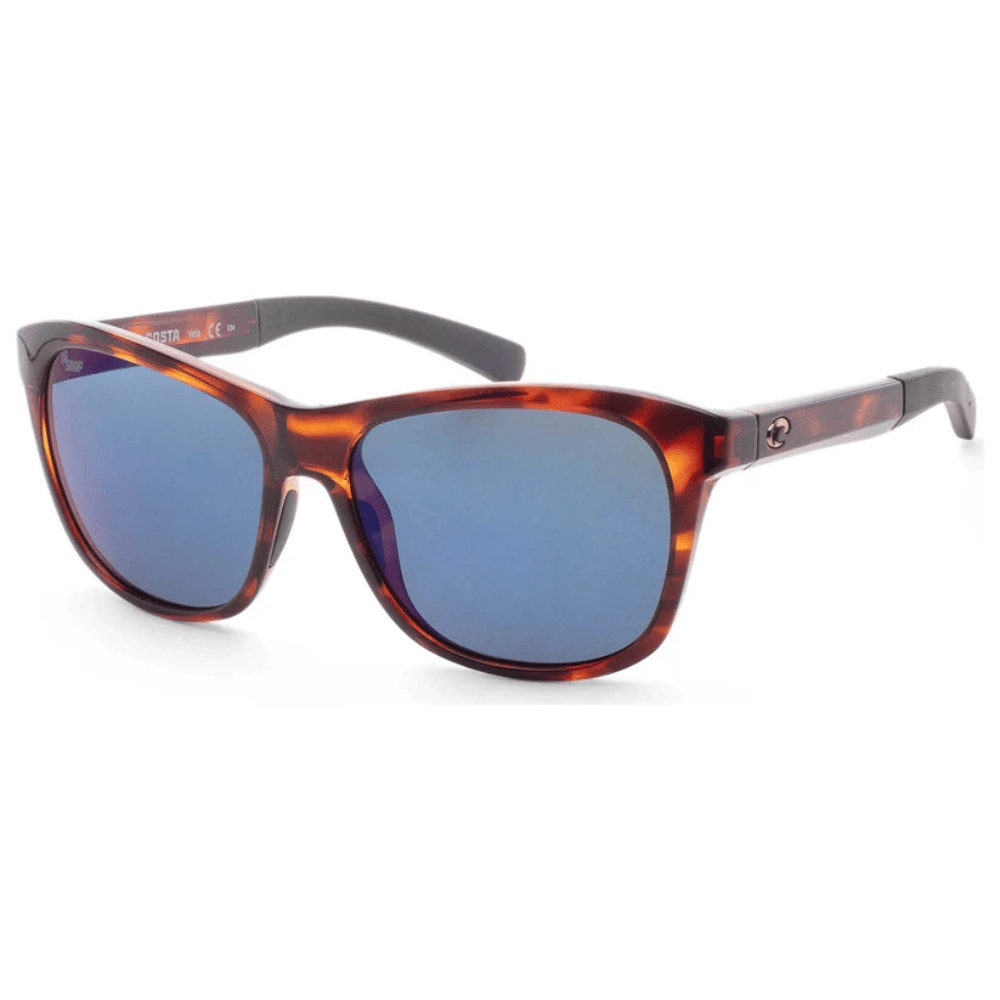 Tortoise frame sunglasses with blue lenses and black arms.