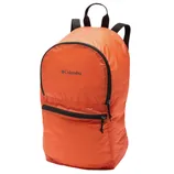 An orange Columbia backpack with a black zipper and straps, featuring a front zip pocket and a top handle.
