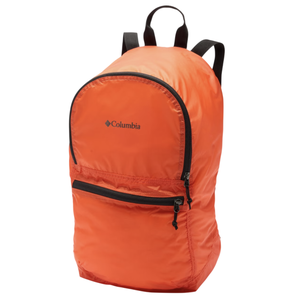 An orange Columbia backpack with a black zipper and straps, featuring a front zip pocket and a top handle.