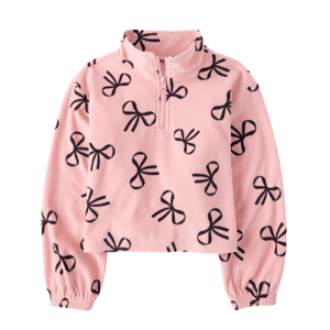 A pink fleece pullover with a half-zip front featuring a pattern of black bow designs, elastic cuffs, and a slightly cropped fit.