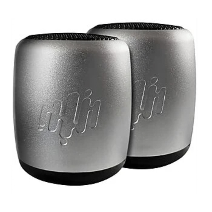 Two metallic wireless speakers with a sleek design and embossed logo.