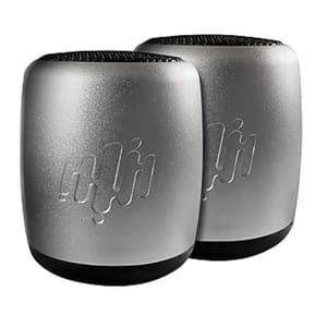 Two metallic wireless speakers with a sleek design and embossed logo.