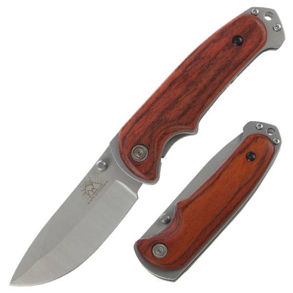 The image shows two folding knives with wood grain handles and metallic blades. One knife is open, displaying the blade, while the other is closed.