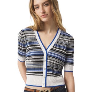 Striped short-sleeve cardigan featuring black, blue, and white horizontal lines with a V-neck and button-down front.