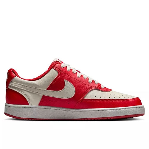 Red and white low-top sneaker with a perforated toe box, featuring a prominent swoosh logo on the side.
