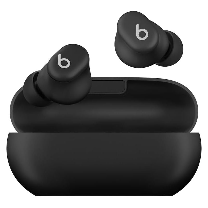 Black wireless earbuds with the letter \“b\“ on them, shown with their charging case.