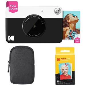 Kodak Printomatic Instant-Print Camera bundle includes a black and white camera, a carrying case, and a pack of Kodak Zink photo paper with 20 sheets.