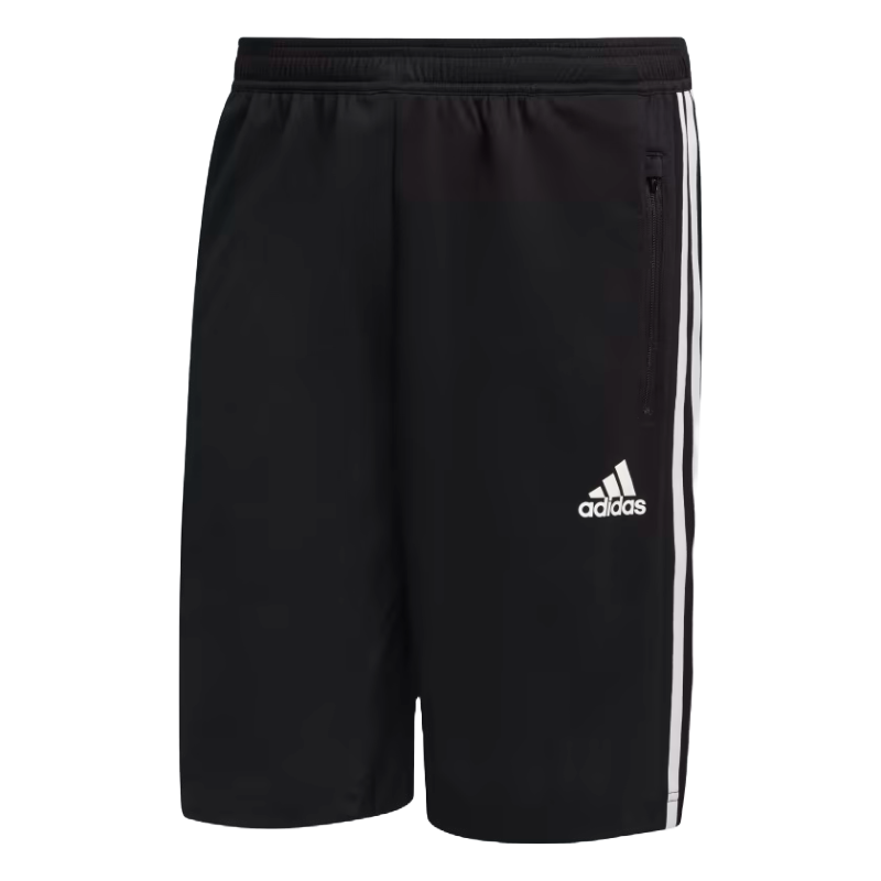 Black Adidas shorts with white stripes and logo, featuring an elastic waistband and zippered pocket.