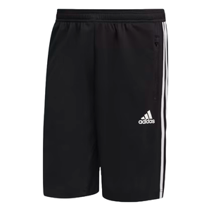 Black Adidas shorts with white stripes and logo, featuring an elastic waistband and zippered pocket.