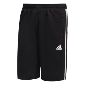 Black Adidas shorts with white stripes and logo, featuring an elastic waistband and zippered pocket.