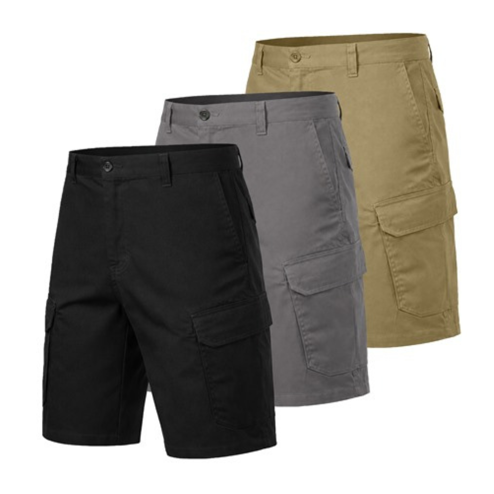 Three pairs of cargo shorts in black, gray, and khaki with side pockets and button closures.
