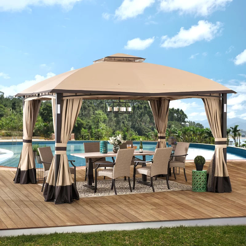 An outdoor patio set with a gazebo featuring curtains and a dining table with chairs, set on a wooden deck by a pool.