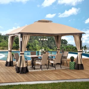 An outdoor patio set with a gazebo featuring curtains and a dining table with chairs, set on a wooden deck by a pool.