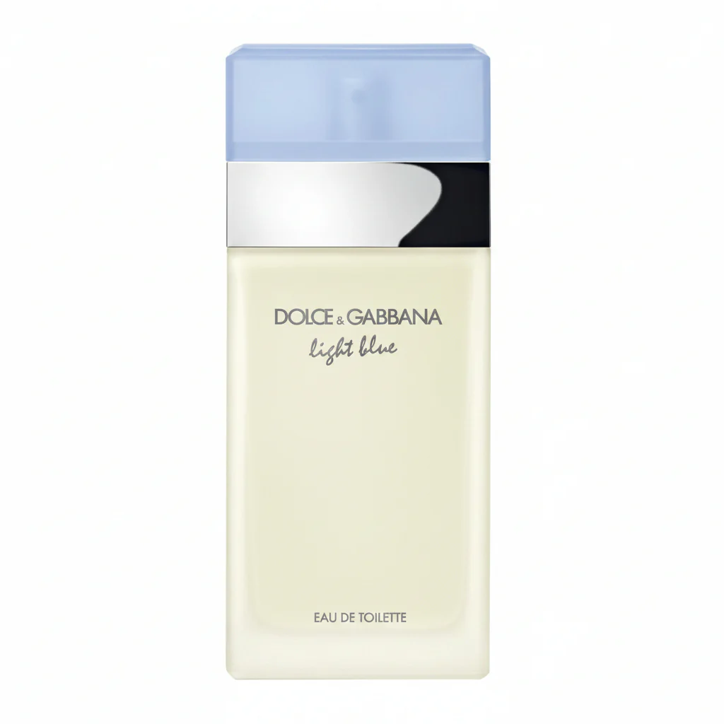 Dolce & Gabbana Light Blue Eau de Toilette, featuring a minimalist cream-colored bottle with a light blue cap.