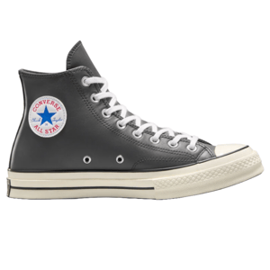 Black leather Converse Chuck Taylor All Star high-top sneakers with white laces, a white sole featuring a black stripe, and the classic circular logo patch on the ankle.