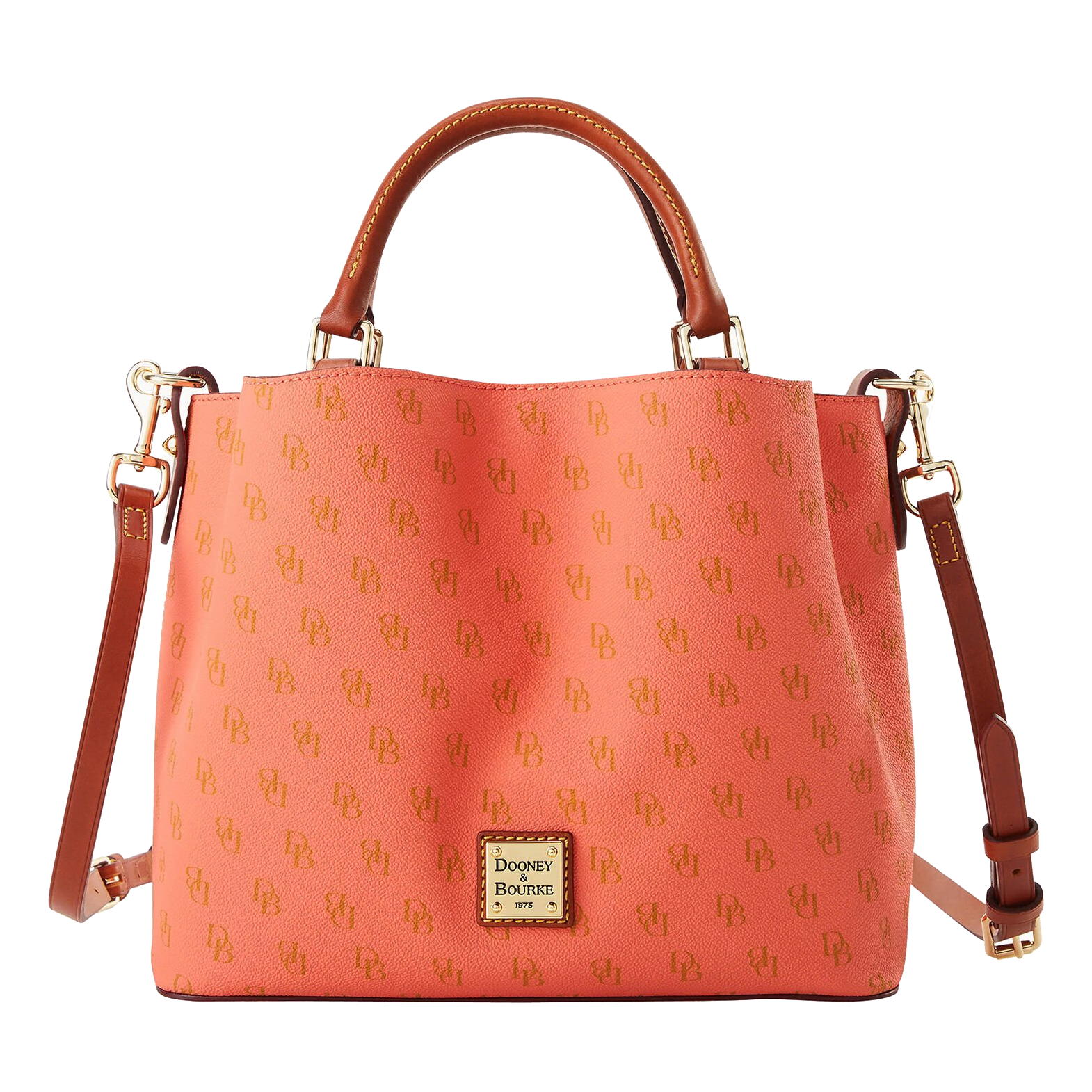 Orange Dooney & Bourke handbag with brown handles and an adjustable shoulder strap, featuring a monogram pattern and a front logo plaque.