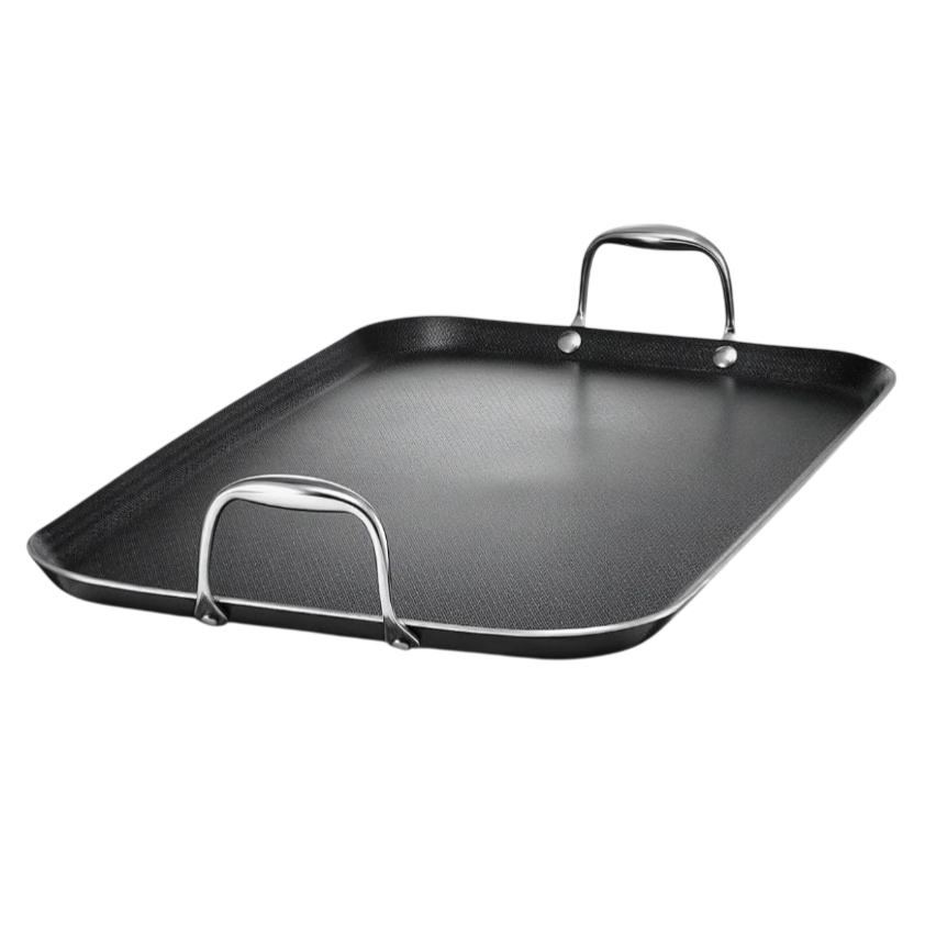 A rectangular non-stick cookware griddle with metal handles on opposite sides, designed for stovetop cooking.
