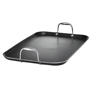 A rectangular non-stick cookware griddle with metal handles on opposite sides, designed for stovetop cooking.