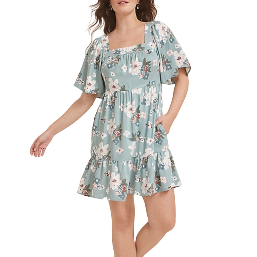 A light blue babydoll dress featuring a floral print, square neckline, flutter sleeves, and a ruffled hem. It has a relaxed fit and includes pockets for added convenience.