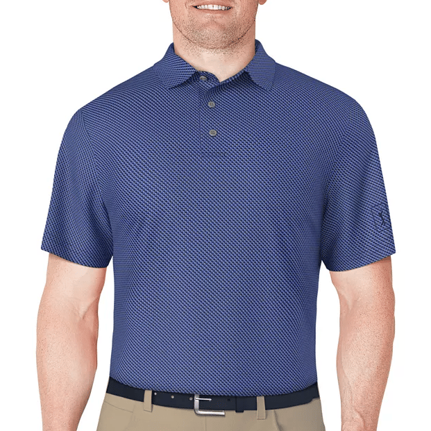 A blue, short-sleeve, collared golf polo with a subtle geometric pattern, featuring a three-button placket. It is paired with beige khaki pants and a dark belt.