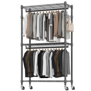 A metal clothing rack with two levels of hanging space for garments, featuring a top shelf for additional storage and locking caster wheels for mobility.