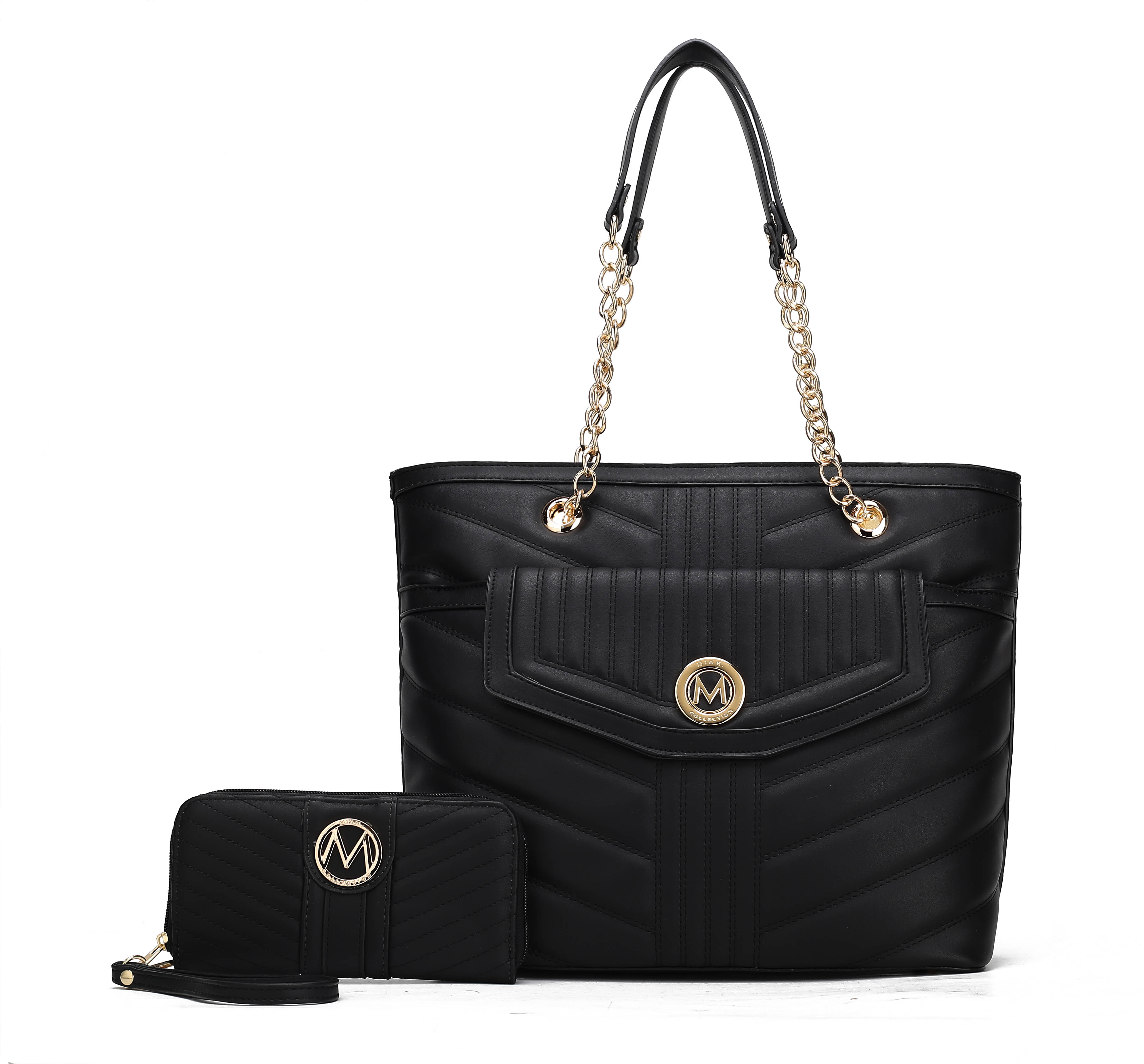 A black quilted handbag with gold chain handles and a matching black wallet, both featuring gold circular emblems with the letter 'M'.