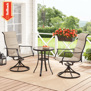 A patio set with two swivel chairs and a small round table, displayed on a porch next to a planter with orange flowers.