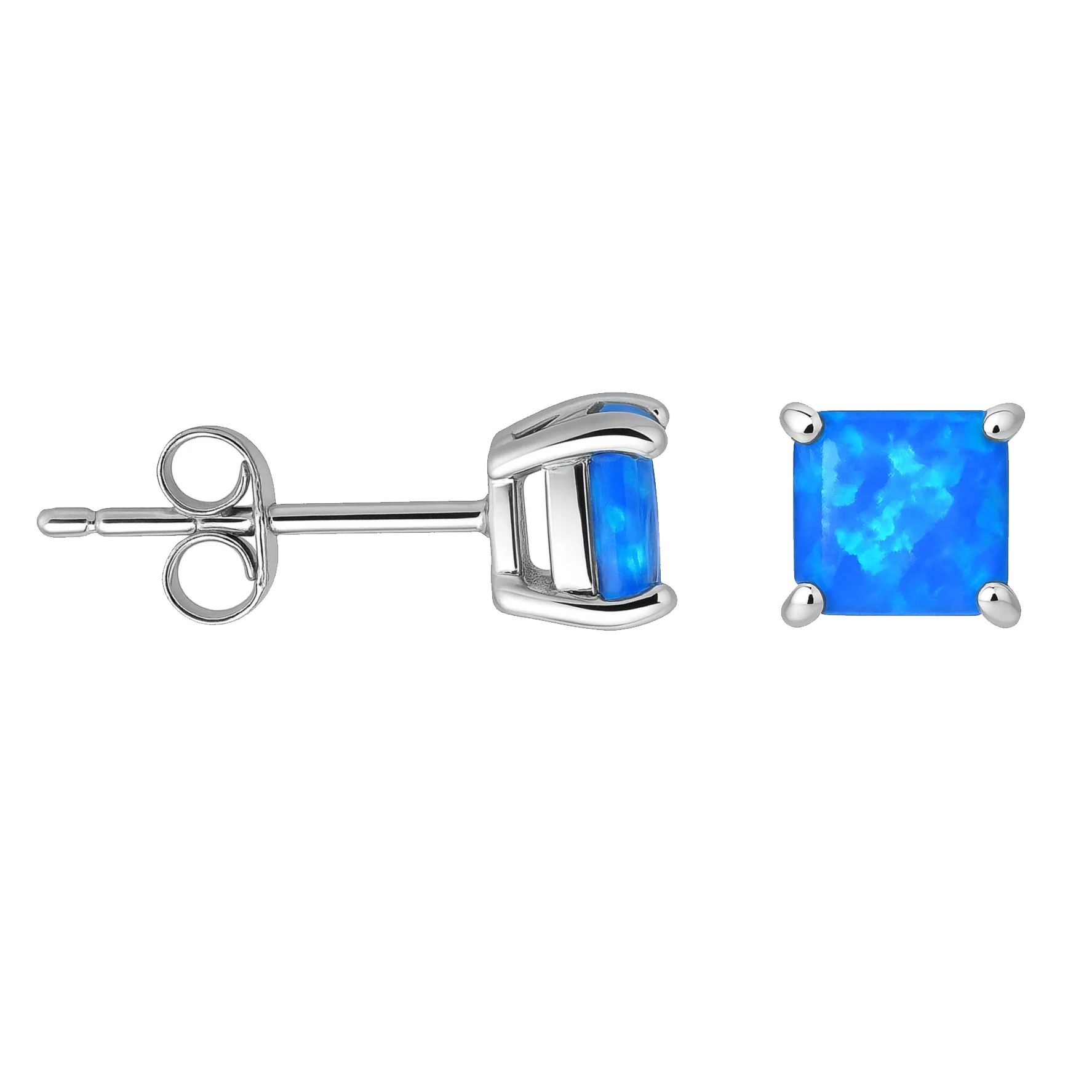 Square-cut blue gemstone stud earrings with a four-prong setting and post back closure, set in a silver-tone metal.