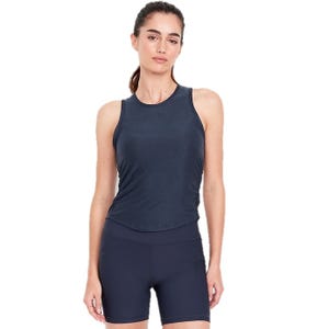 A person wearing a dark sleeveless athletic top and matching dark shorts.