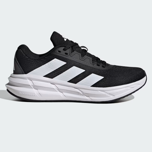 A black and white running shoe with 'CLOUDFOAM' on the sole and three stripes on the side.