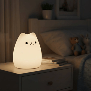 A cat-shaped night light illuminates a bedside table, accompanied by a few stacked books and flanked by plush toys on a nearby bed.