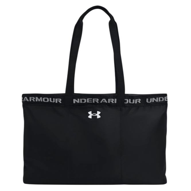 Black Under Armour tote bag with dual handles and a logo on the front, featuring a repeating \“UNDER ARMOUR\“ text on the top edge.