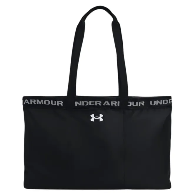 Black Under Armour tote bag with dual handles and a logo on the front, featuring a repeating \“UNDER ARMOUR\“ text on the top edge.
