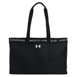 Black Under Armour tote bag with dual handles and a logo on the front, featuring a repeating \“UNDER ARMOUR\“ text on the top edge.