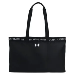 Black Under Armour tote bag with dual handles and a logo on the front, featuring a repeating \“UNDER ARMOUR\“ text on the top edge.