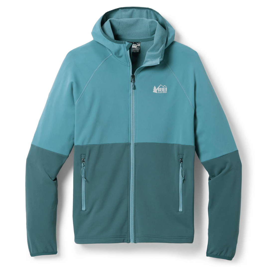A two-tone blue zip-up hoodie with a lightweight, stretchy design, branded with \“REI Co-op\“ on the chest, featuring zipped side pockets and a fitted hood.