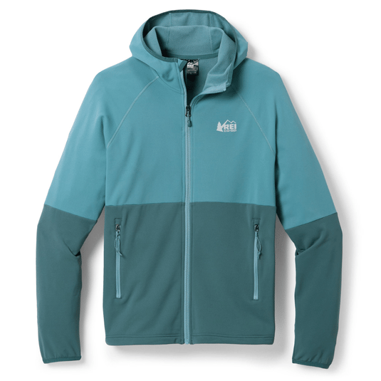 A two-tone blue zip-up hoodie with a lightweight, stretchy design, branded with \“REI Co-op\“ on the chest, featuring zipped side pockets and a fitted hood.