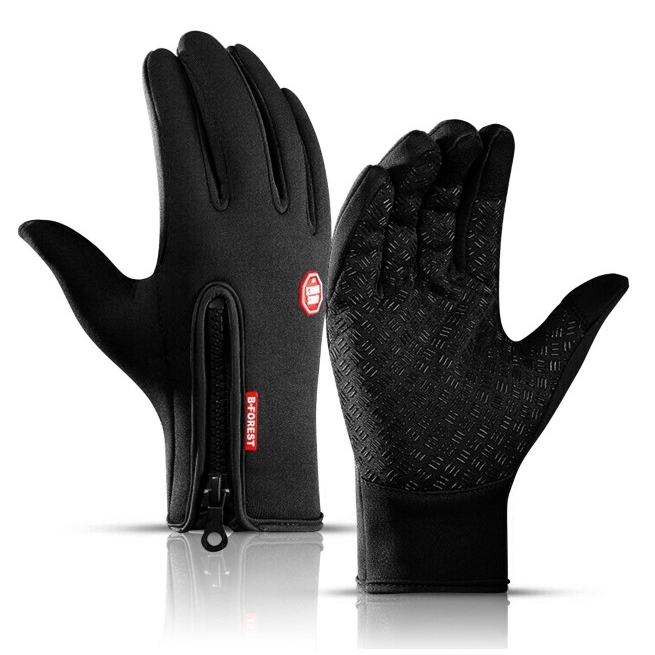 Touchscreen winter gloves with a black exterior, zipper closure, and textured grip on the palm for improved handling.