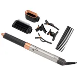 Dyson Airwrap hair styling set with attachments: curling barrel, smoothing brush, dryer head, styling clips, and a comb in copper and black colors.