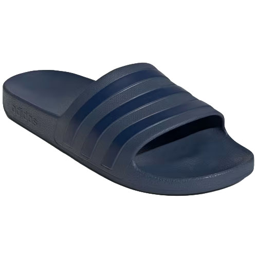 A navy blue Adidas slide sandal featuring three signature stripes on the strap.