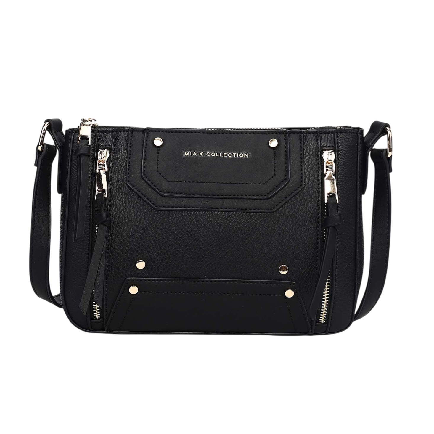 Black crossbody bag with silver-tone zippers and studs, featuring \“Mia K Collection\“ branding on textured material.