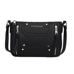 Black crossbody bag with silver-tone zippers and studs, featuring \“Mia K Collection\“ branding on textured material.