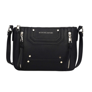 Black crossbody bag with silver-tone zippers and studs, featuring \“Mia K Collection\“ branding on textured material.