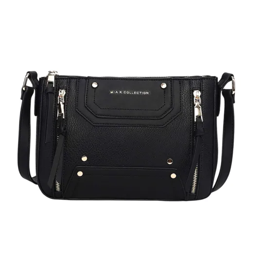 Black crossbody bag with silver-tone zippers and studs, featuring \“Mia K Collection\“ branding on textured material.