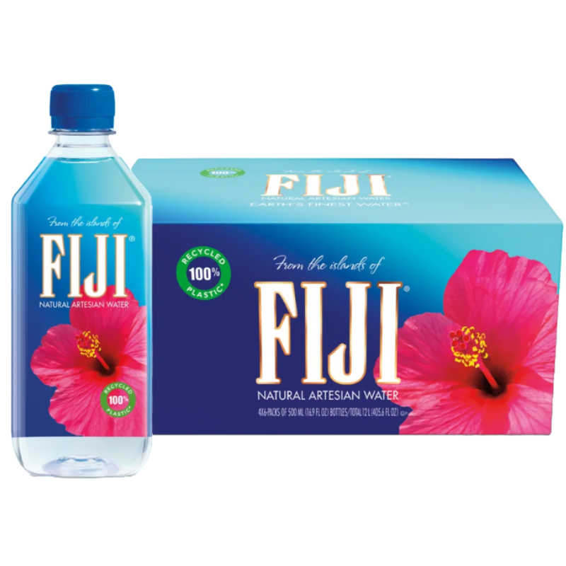 FIJI Water packaging featuring a bottle of natural artesian water and a box with a large pink hibiscus. The packaging highlights recycled plastic use, stating \“100%.\“