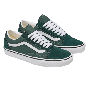 Green and white low-top sneakers with white laces, featuring a distinct side stripe and classic skate shoe design.